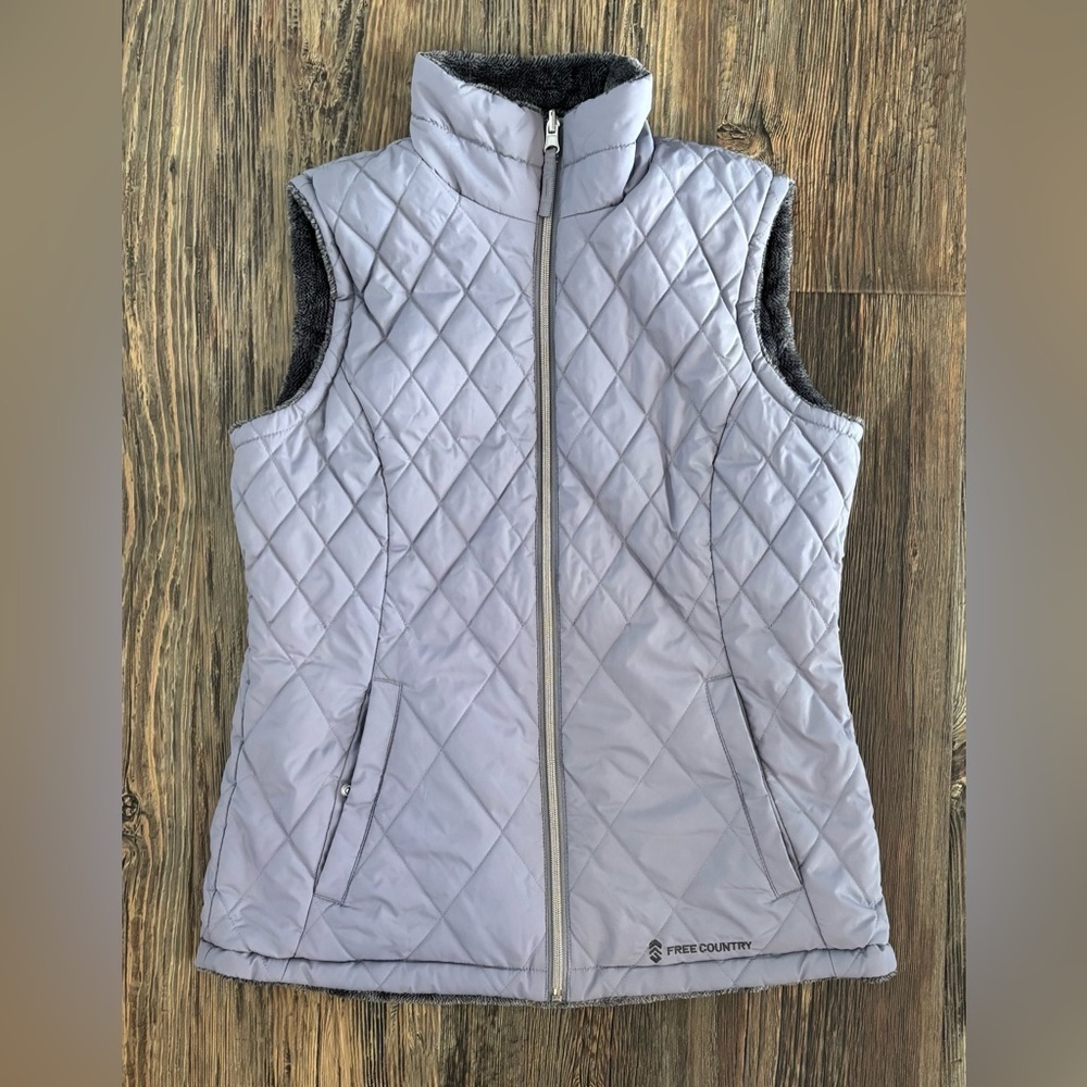 Free Country Women S Puffer Vest Reversible Lilac Gray Faux Fur Pockets Full Zip
